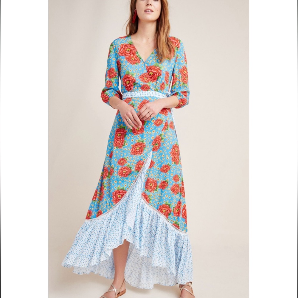 Anthropologie Blue and Red Floral Maxi Dress